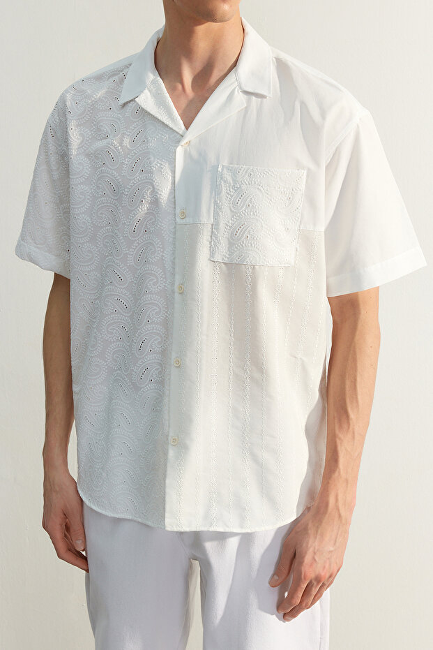Beyaz Oversize Brode Bloklu Yazlık Gömlek TMNSS23GO00135 - 6