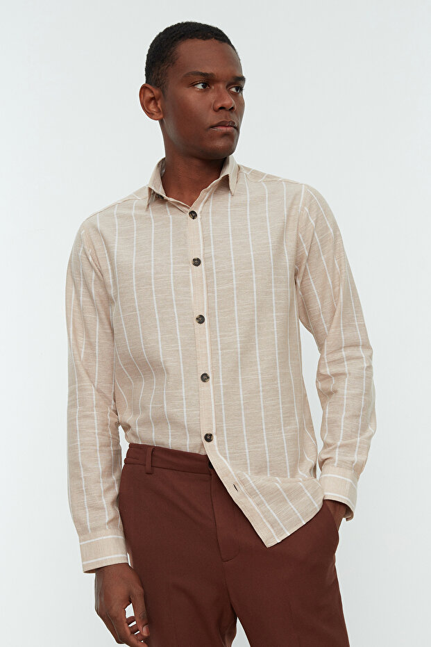 Bej Regular Fit Gömlek Yaka Çizgili Gömlek TMNSS22GO0032 - 1