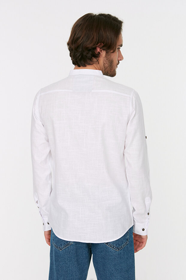 Beyaz Basic Slim Fit Hakim Yaka Apoletli %100 Pamuklu Keten Görünümlü Gömlek TMNSS20GO0188 - 5