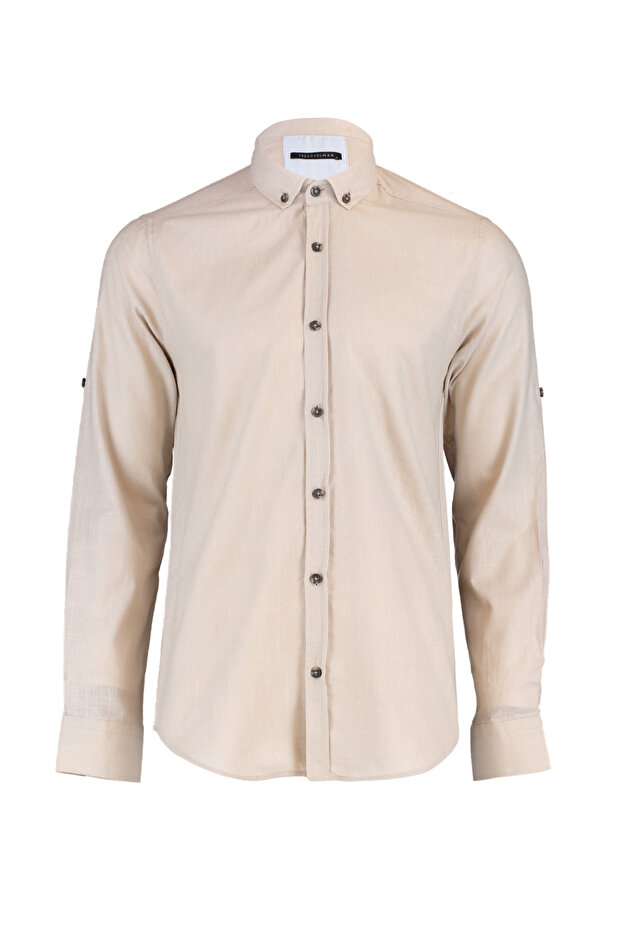 Taş Düğmeli Yaka Apoletli Slim Fit Uzun Kollu %100 Pamuklu Keten Görünümlü Gömlek TMNSS20GO0189 - 6