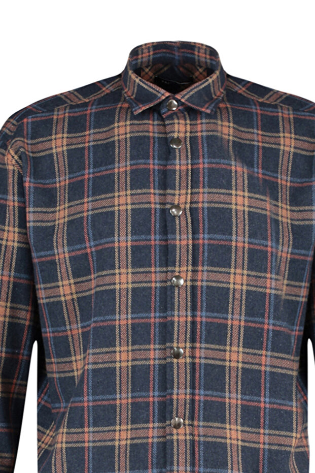 Lacivert Unisex Oversize Çıtçıt Kapamalı Oduncu Ekose Gömlek TMNAW22GO0745 - 8