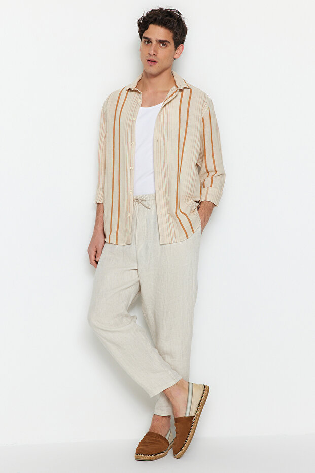 Camel Regular Fit Çizgili Keten Dokulu Gömlek TMNSS23GO00056 - 1