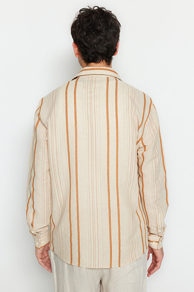Camel Regular Fit Çizgili Keten Dokulu Gömlek TMNSS23GO00056 - 7
