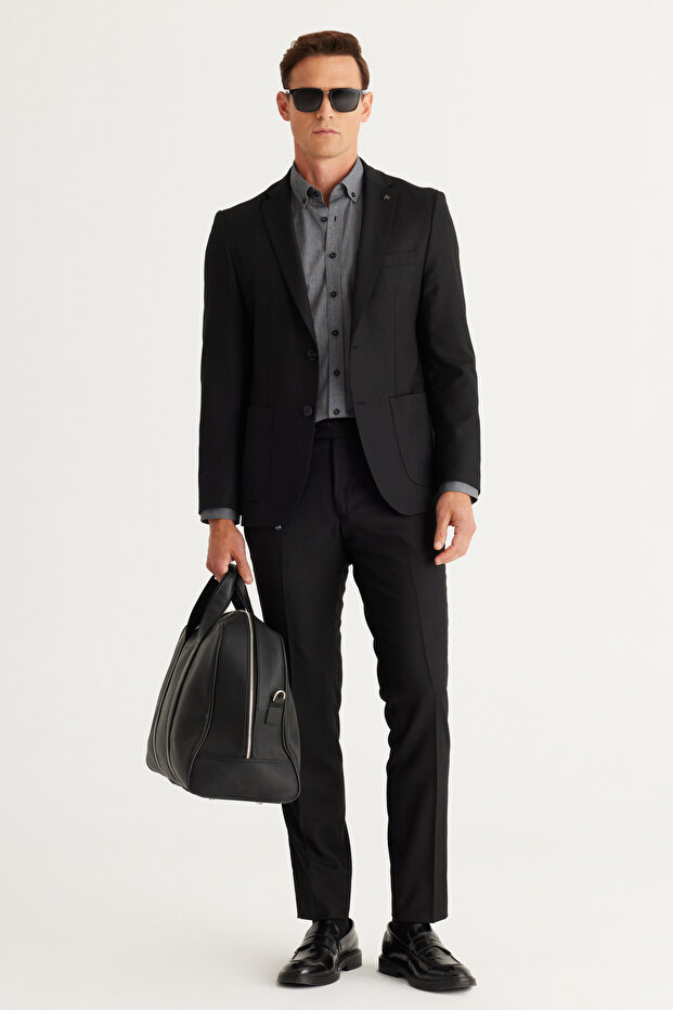 Erkek Siyah Ekstra Slim Fit Dar Kesim Mono Yaka Yünlü Takım Elbise - 5