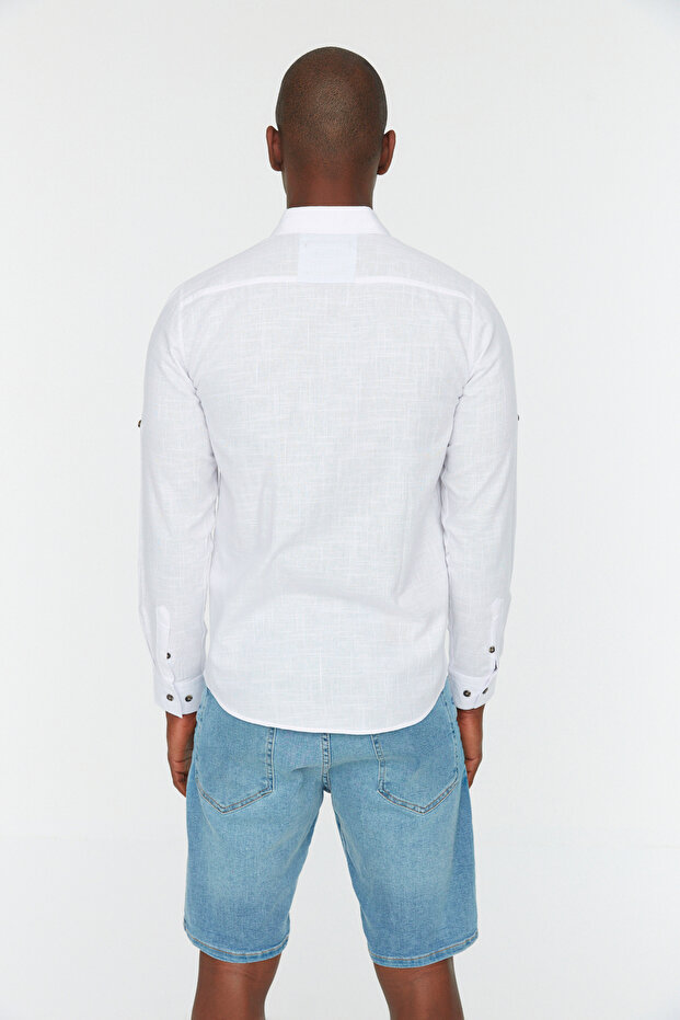 Beyaz Düğmeli Yaka Apoletli Slim Fit Uzun Kollu %100 Pamuklu Keten Görünümlü Gömlek TMNSS20GO0189 - 4