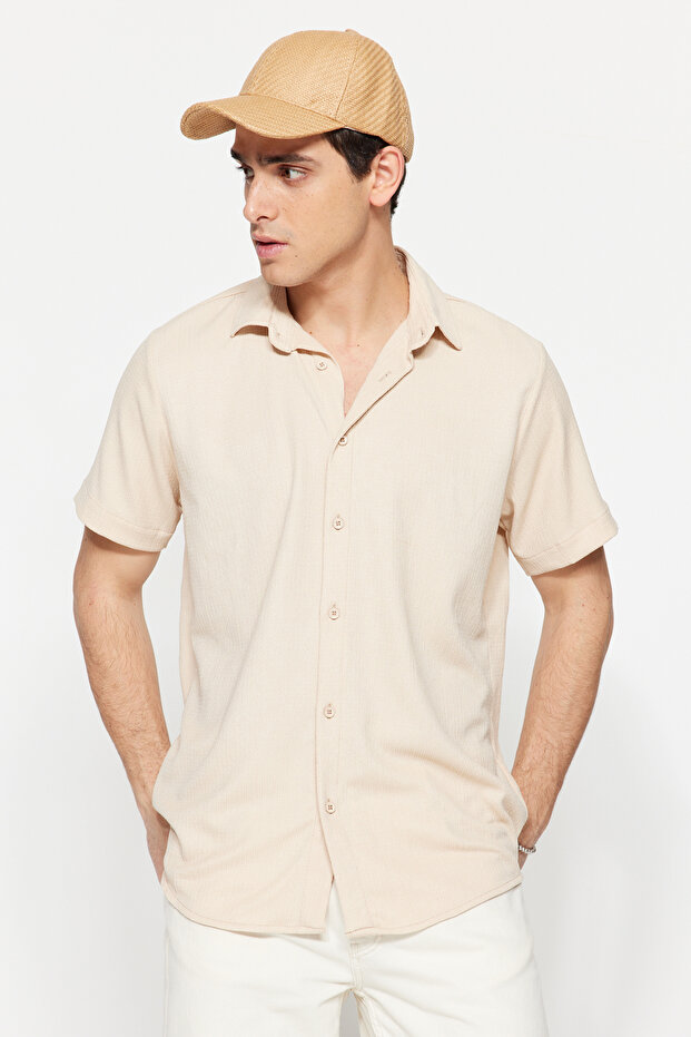 Taş Regular Fit Kısa Kol Yazlık Dokulu Bürümcük Örme Gömlek TMNSS23GO00055 - 1
