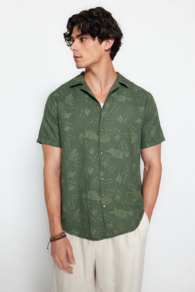 Haki Regular Fit Apaş Yaka Keten Gömlek TMNSS20GO0443 - 3