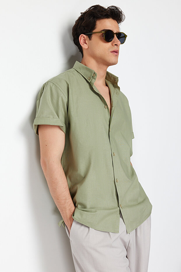 Haki Oversize Fit Gömlek Yaka Kısa Kol %100 Pamuklu Gömlek TMNSS24GO00029 - 3