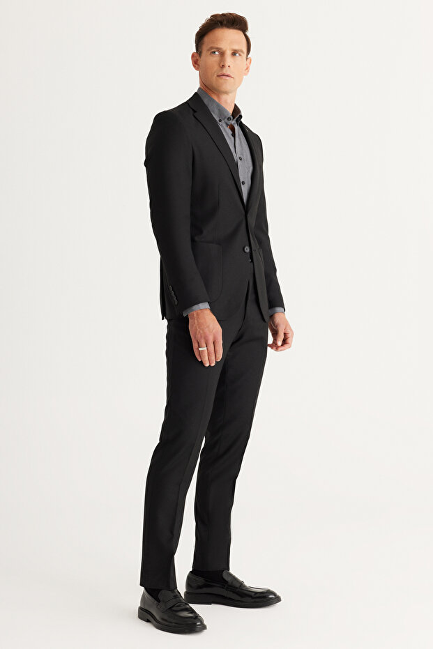 Erkek Siyah Ekstra Slim Fit Dar Kesim Mono Yaka Yünlü Takım Elbise - 6