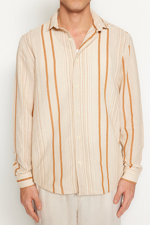 Camel Regular Fit Çizgili Keten Dokulu Gömlek TMNSS23GO00056 - 5