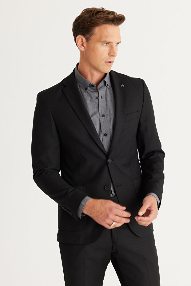 Erkek Siyah Ekstra Slim Fit Dar Kesim Mono Yaka Yünlü Takım Elbise - 1