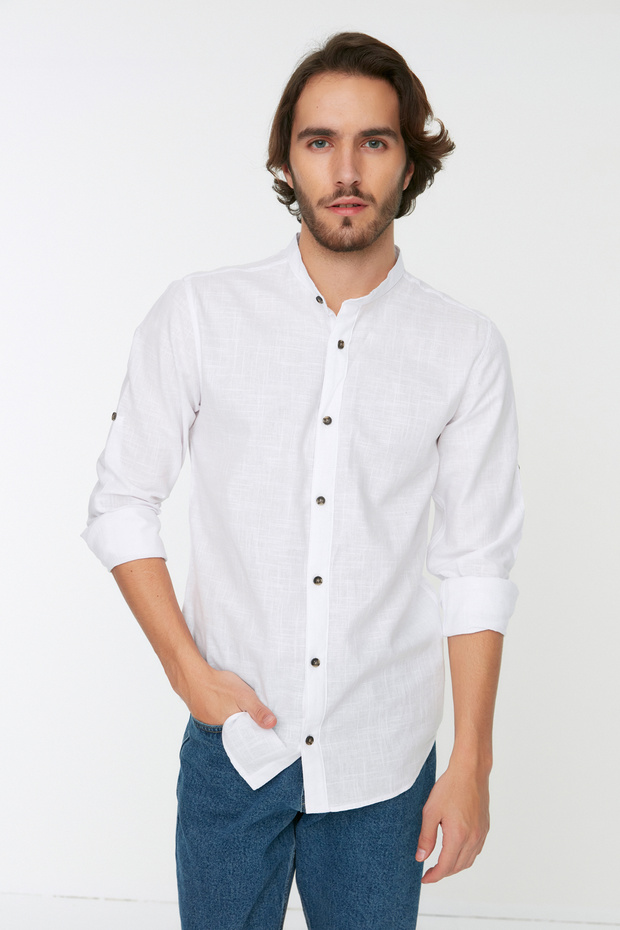 Beyaz Basic Slim Fit Hakim Yaka Apoletli %100 Pamuklu Keten Görünümlü Gömlek TMNSS20GO0188 - 2