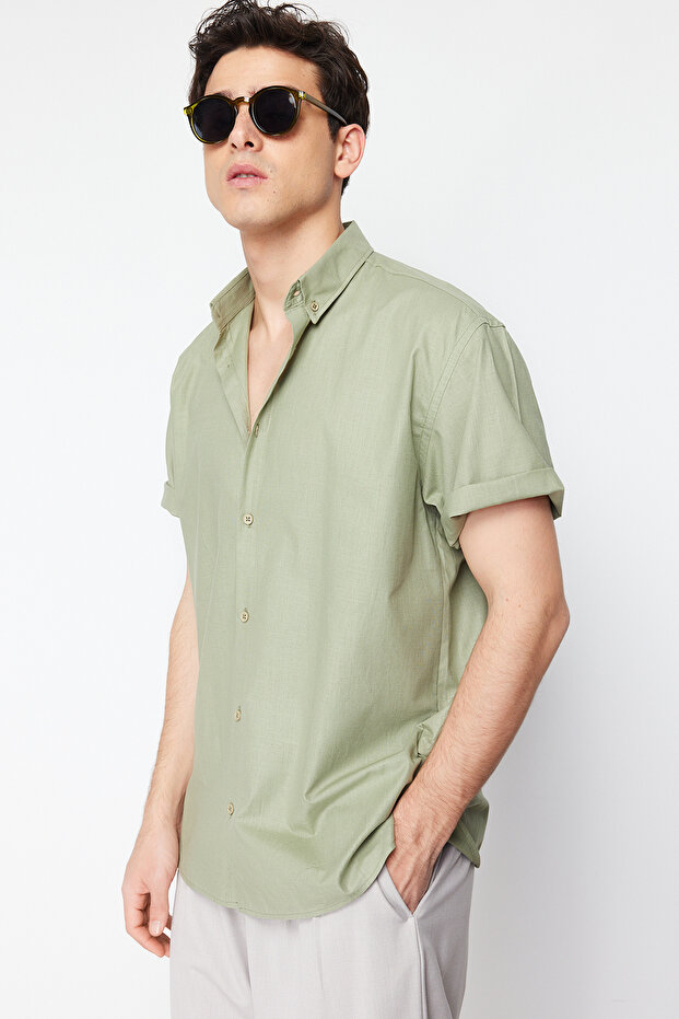 Haki Oversize Fit Gömlek Yaka Kısa Kol %100 Pamuklu Gömlek TMNSS24GO00029 - 2