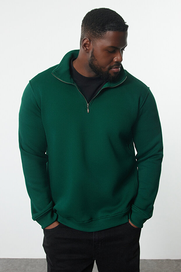 Yeşil Büyük Beden Oversize/Normal Kesim Dik Yaka Fermuarlı İçi Polarlı Sweatshirt TMNAW24AO00024 - 1