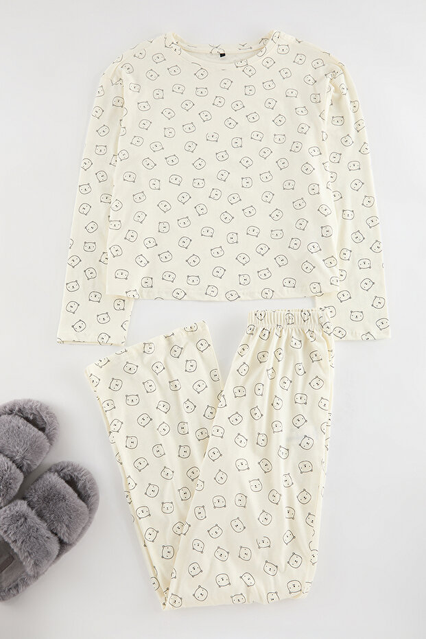 Ekru %100 Pamuklu Ayıcıklı Örme Pijama Takımı THMAW25PT00131 - 6
