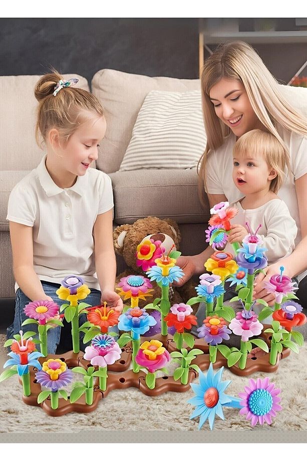 104 Parça Bahçe Çiçek Yapım Seti Eğitici Oyuncak Çiçek Bahçesi Yapı Blokları Yapboz Bul Tak Puzzle - 4