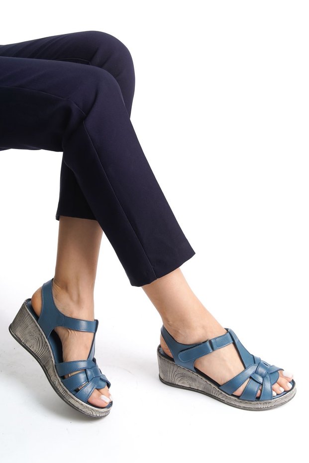 Genuine Leather Denim Blue Anatomical Sole Comfort Women's Sandals Tmd202455