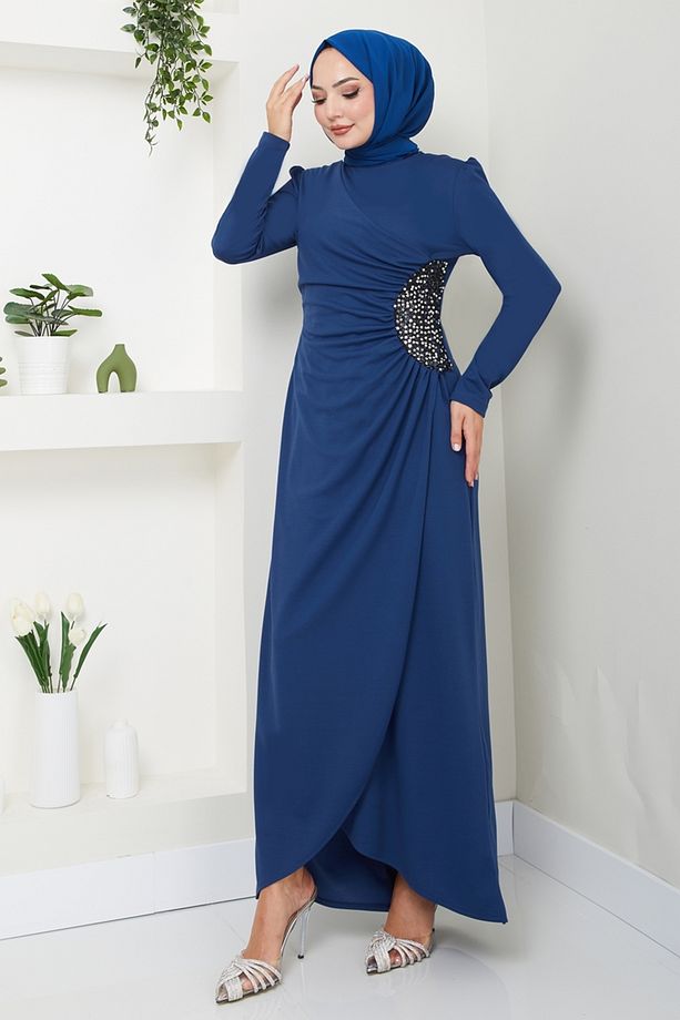 Drape Detaylı Elbise ASM2743 İndigo - 2