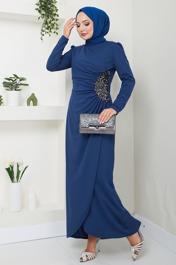 Drape Detaylı Elbise ASM2743 İndigo - 1