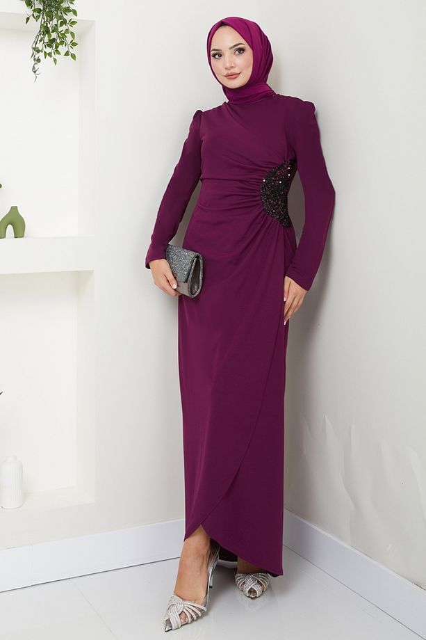 Drape Detaylı Elbise ASM2743 Mürdüm - 1