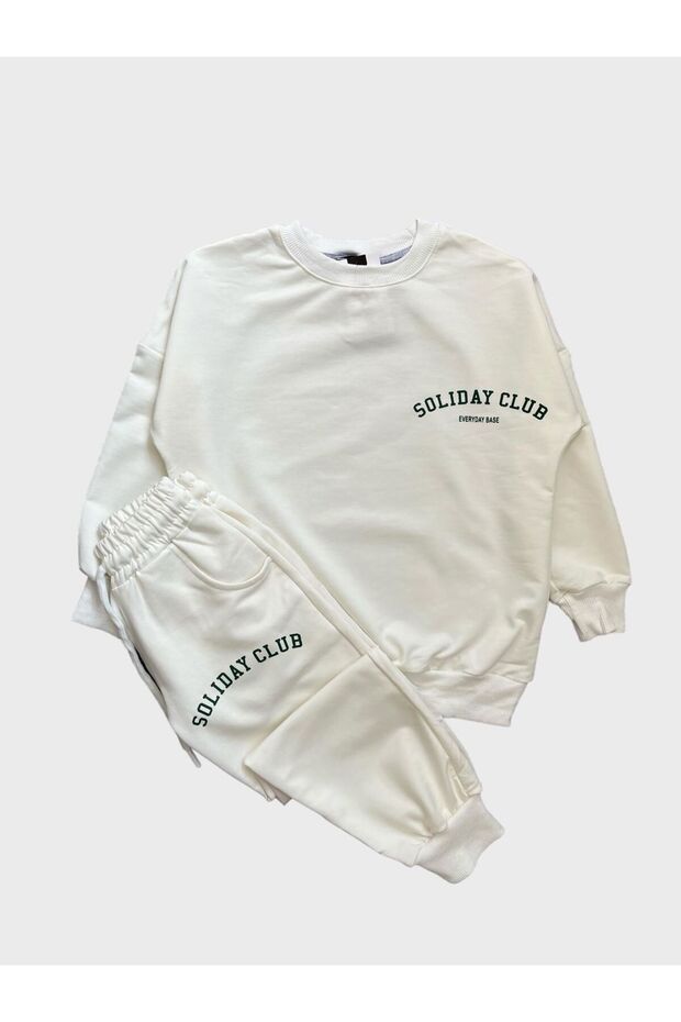 Ecru Green Children's Tracksuit Set - Cotton, Text Pattern, Pocket and Elastic Waist