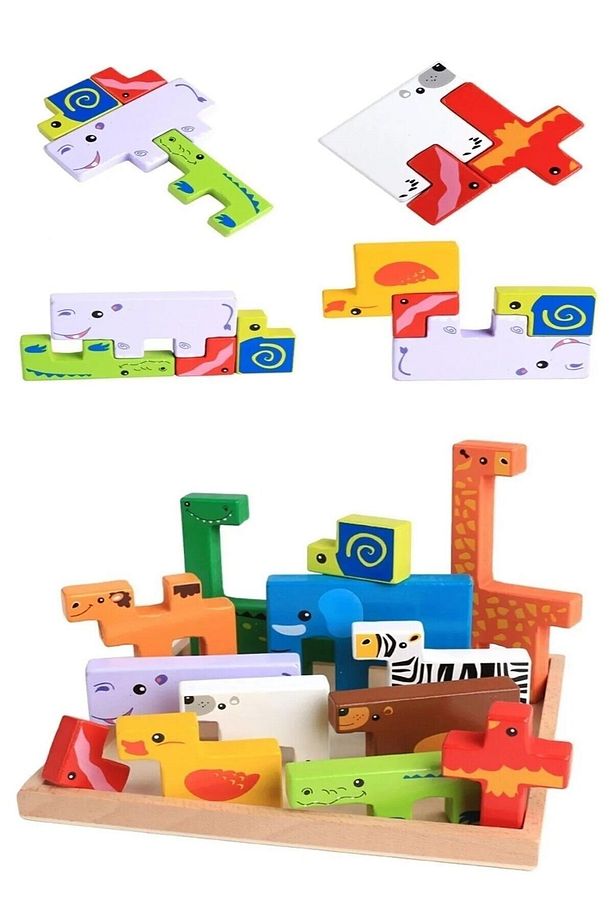 Ahşap Hayvanlar Animals Puzzle Yapboz Bultak Tetris Eğitici Oyuncak - 3