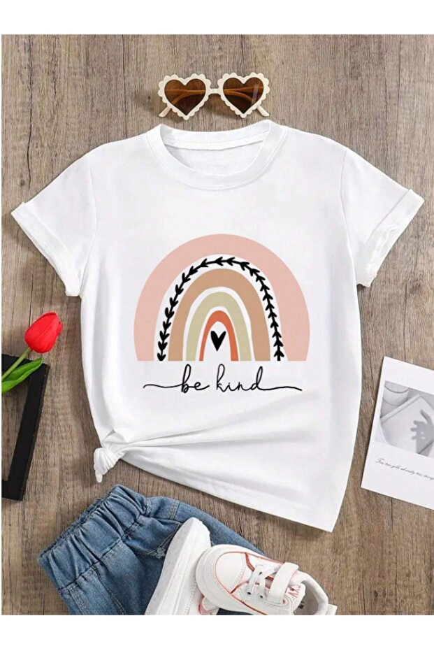 Children's Trend Model Cotton Rainbow Printed White t Shirt