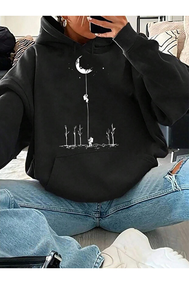 Unisex 2Ip Raised Black Saturn Knitted Fabric Sweatshirt