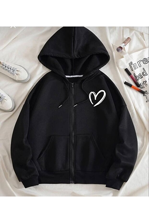 Children's Heart Printed Oversize Zippered Cardigan Hoodie