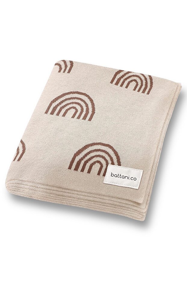 Patterned Knitted Baby Blanket for Baby Girl and Boy 90cm X110Cm Beige Rainbow