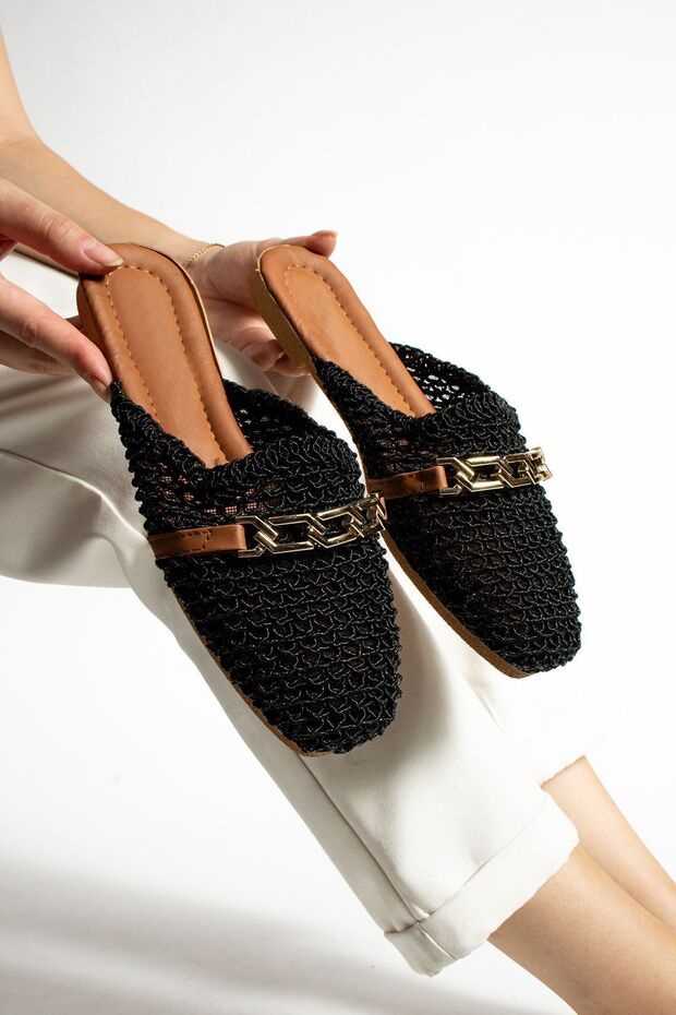 Black Flat Buckle Slippers for Home and Outdoor Use