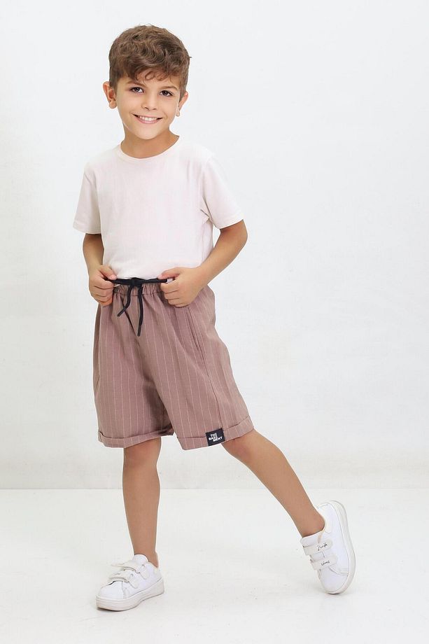 Çizgili Bağcıklı Duble Paça Unisex Çocuk Şort Bej - 2