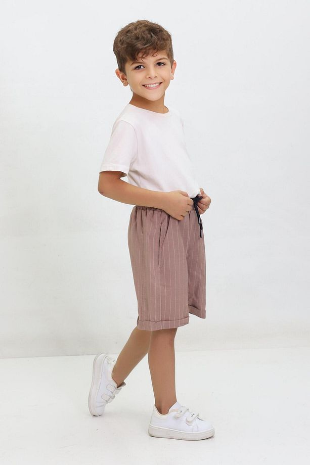 Çizgili Bağcıklı Duble Paça Unisex Çocuk Şort Bej - 1