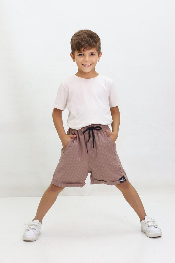 Çizgili Bağcıklı Duble Paça Unisex Çocuk Şort Bej - 3