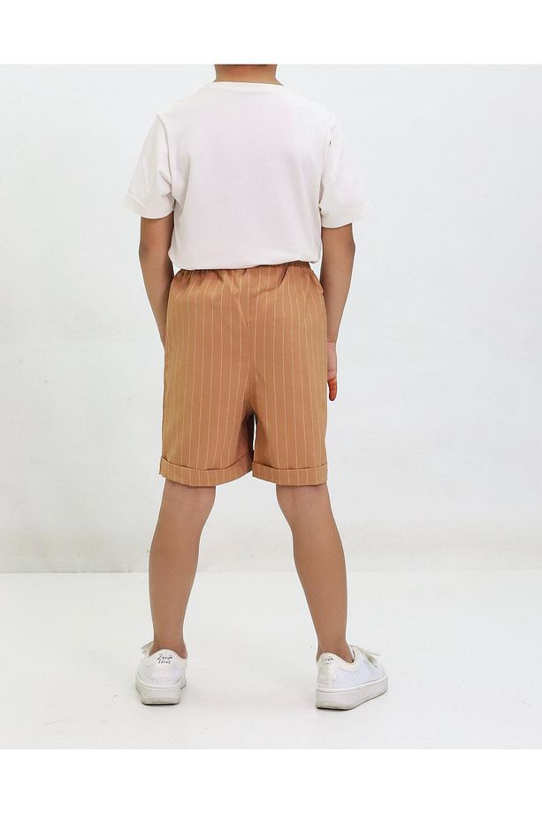 Çizgili Bağcıklı Duble Paça Unisex Çocuk Şort Kahverengi - 2