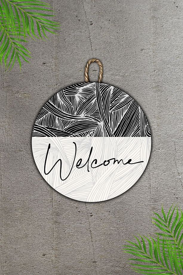 Modern Kapı Süsü - Beyaz ve Siyah, Dijital Ahşap Baskı - Welcome Dış Mekan Kapı Süsü, 30 cm - 3