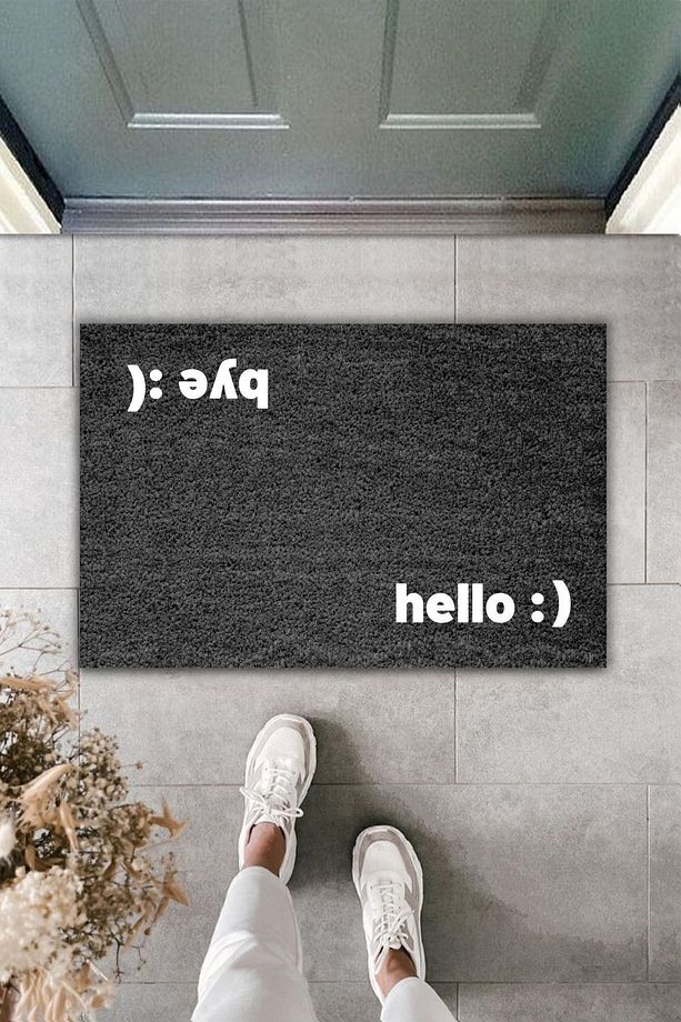 Modern Dijital Baskı Siyah - Hello - Bye Paspas - Kapi onu Paspasi - 2