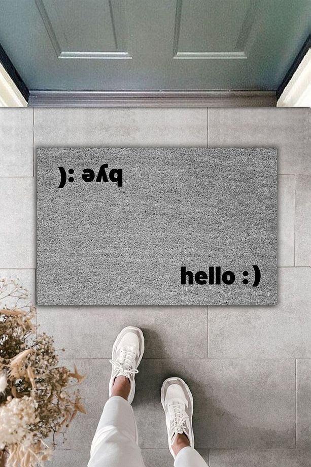 Modern Dijital Gri Baskı - Hello - Bye Paspas - Kapi onu Paspasi - 2