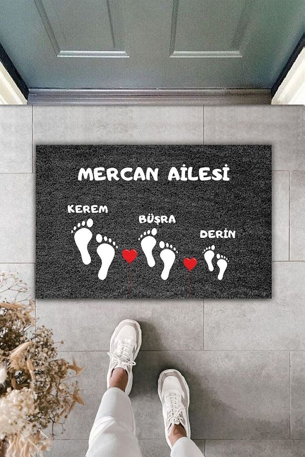 Modern Paspas - Beyaz Aile Ayak Izli Özel Tasarım - Kişisel Tasarım Kapı Önü Paspas - 1
