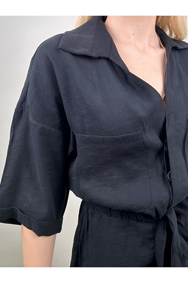 MODAL KUMAŞ BELİ KUŞAKLI ŞORT TULUM - 2