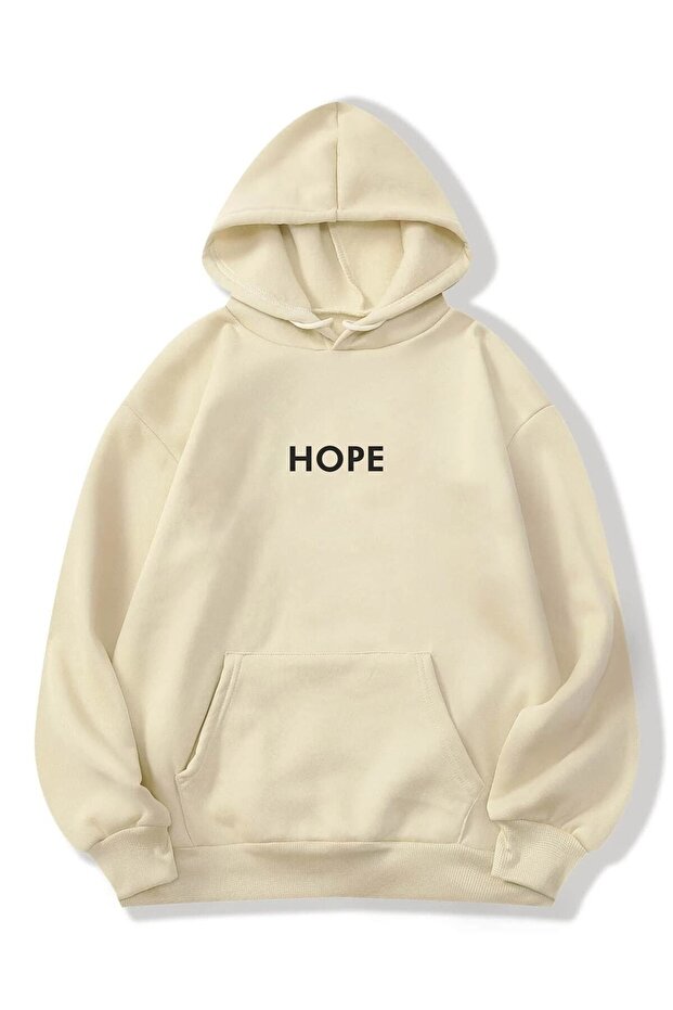 سويت شيرت بغطاء رأس كبير الحجم مطبوع باللون البيج للنساء من Hope