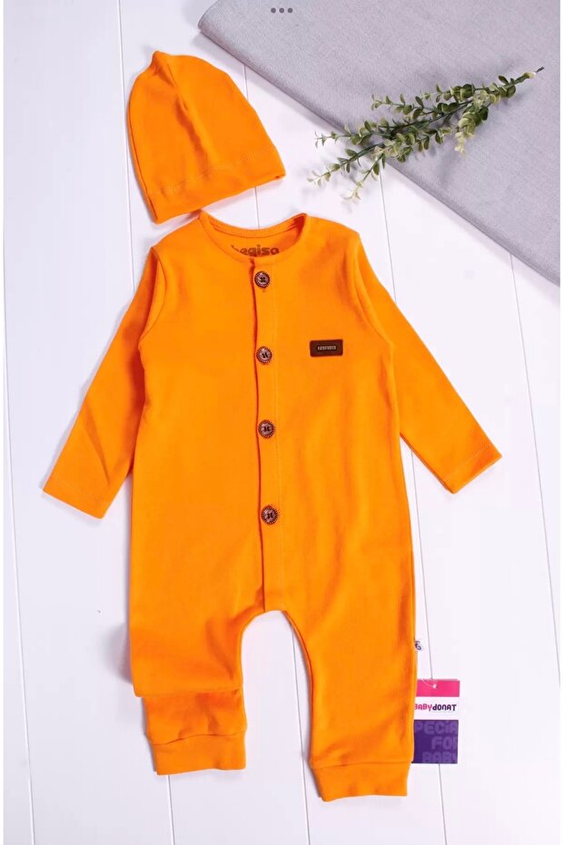 Buttoned Front Open Interlock Jumpsuit with Hat 2-Piece Set 3 6 9 Months