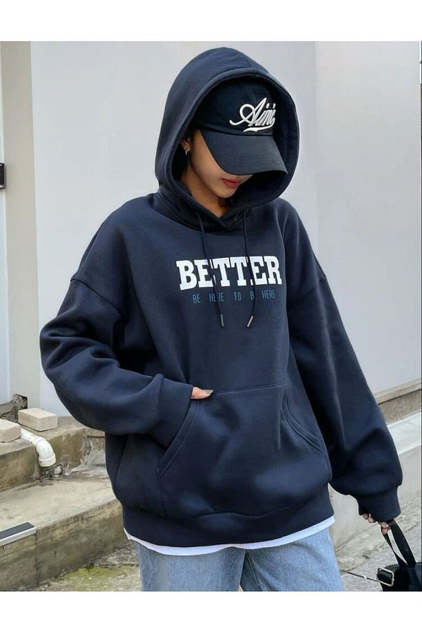 Kadın Better Be Here Go Baskılı Pamuklu Kapüşonlu Sweatshirt - 5