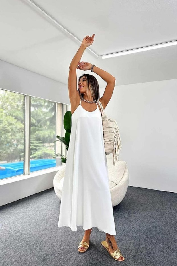 White Adjustable Rope Straps Full Length Long Dress