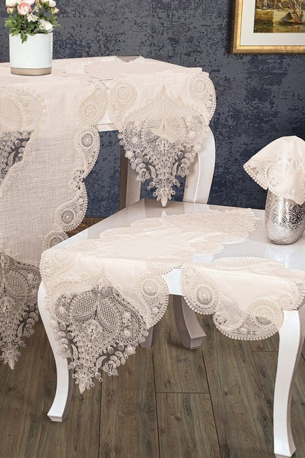 Zambak Linen Living Room Set Cream 5 Pieces