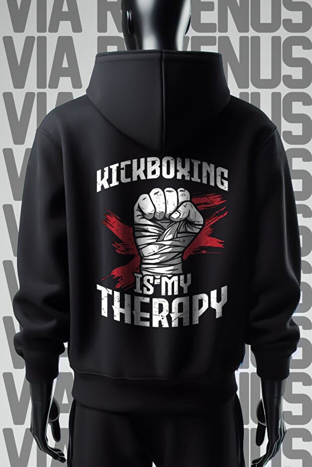 Kick Boxing Therapy Front and Back Printed 3 Thread Wide Fit Black Hooded Sweatshirt