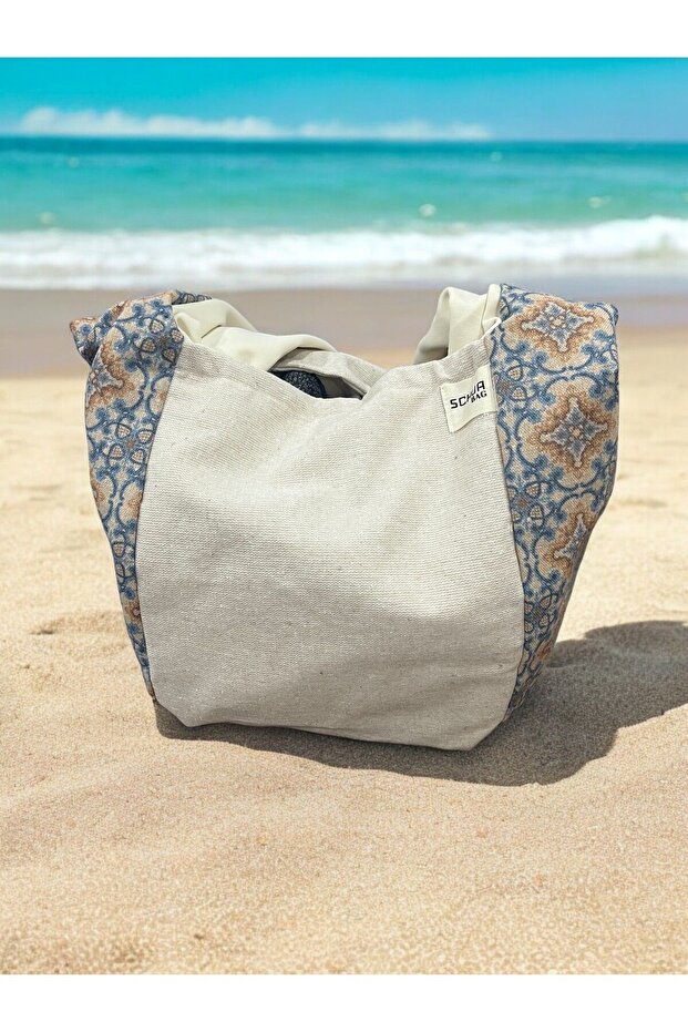 حقيبة شاطئ من الكتان بتصميم ريفي - مبطنة بالقماش - 1