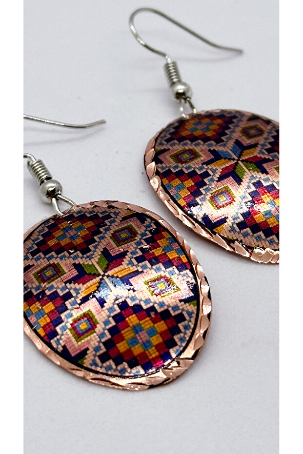 Oval Patterned Copper Earrings - Handmade