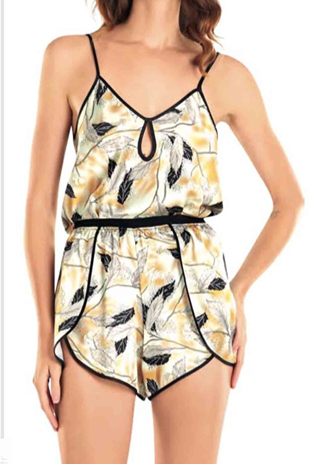 Yellow Black Silk Satin Women's Shorts Set