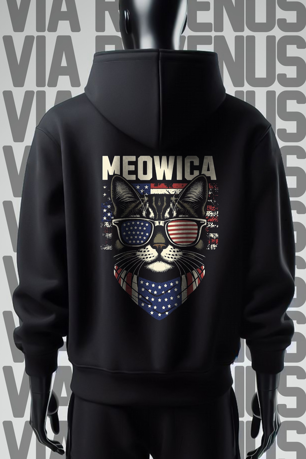 سويت شيرت بغطاء رأس أسود من Meowice - 3 خيوط، طباعة أمامية وخلفية، مقاس واسع